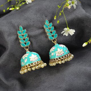 Designer Blue Leaf Style Meenakari Jhumki Earrings Set - Earrings | Buy online on ZillyBuy