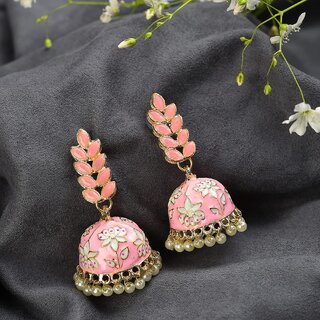 Designer Pink Leaf Style Meenakari Jhumki Earrings Set - Earrings | Buy online on ZillyBuy