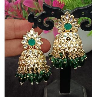 Green CZ Monalisa Stones with Precious Pearls Jhumki Earrings Set - Earrings | Buy online on ZillyBuy