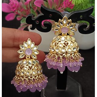 Purple CZ Monalisa Stones with Precious Pearls Jhumki Earrings Set - Earrings | Buy online on ZillyBuy