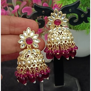 Wine CZ Monalisa Stones with Precious Pearls Jhumki Earrings Set - Earrings | Buy online on ZillyBuy