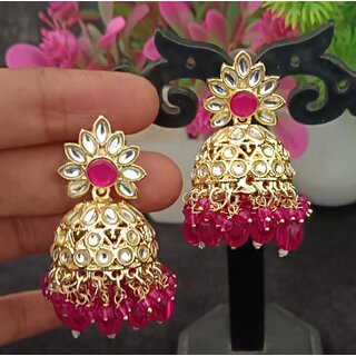 Raani Ruby CZ Monalisa Stones with Precious Pearls Jhumki Earrings Set - Earrings | Buy online on ZillyBuy