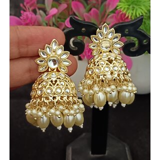 White CZ Monalisa Stones with Precious Pearls Jhumki Earrings Set - Earrings | Buy online on ZillyBuy
