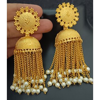 Gold Plated With Chain Pearls Laheriya Style Jhumki Earrings Set - Earrings | Buy online on ZillyBuy