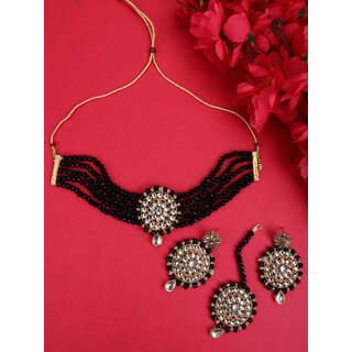 black crystal kundan full length 4pc bridal choker jewellery set