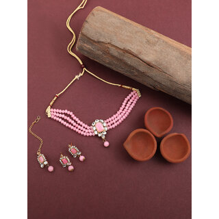 pink crystal kundan beautiful all occasions 4pc jewellery set