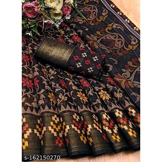 Black Colour Cotton Printed saree With Blouse Piece - Sarees | Buy online on ZillyBuy