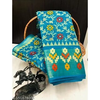 Sky Blue Colour Cotton Printed saree With Blouse Piece - Sarees | Buy online on ZillyBuy