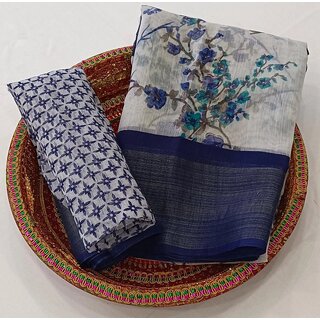 Blue Flower Printed Cotton Silk Zari Border Saree With Blouse Piece - Sarees | Buy online on ZillyBuy