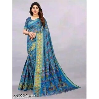 Sky Blue Colour Cotton Printed Saree With Blouse Piece - Sarees | Buy online on ZillyBuy