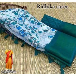 Sky Blue Colour Flower Printed Cotton Saree With Blouse Piece - Sarees | Buy online on ZillyBuy