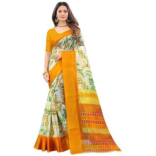 Yellow Flower Printed Cotton Silk Zari Border Saree With Blouse Piece - Sarees | Buy online on ZillyBuy