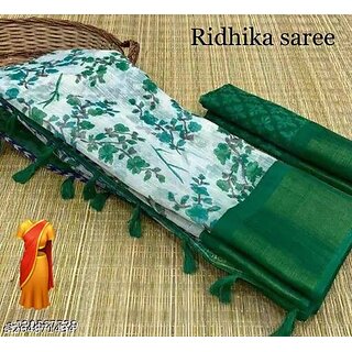 Green Colour Flower Cotton Silk Saree With Blouse Piece - Sarees | Buy online on ZillyBuy