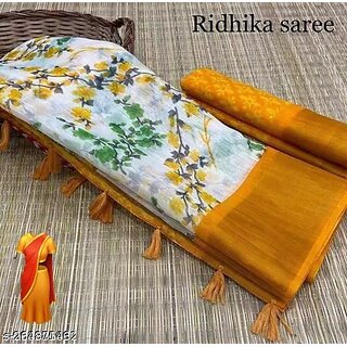 Yellow Colour Flower Cotton Silk Saree With Blouse Piece - Sarees | Buy online on ZillyBuy