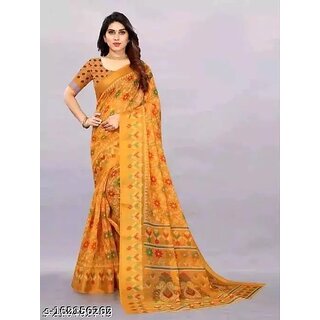 Yellow Colour Cotton Printed saree With Blouse Piece - Sarees | Buy online on ZillyBuy