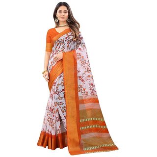 Orange Flower Printed Cotton Silk Zari Border Saree With Blouse Piece - Sarees | Buy online on ZillyBuy