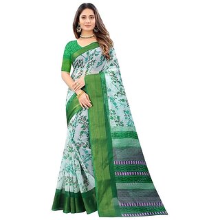 Green Flower Printed Cotton Silk Zari Border Saree With Blouse Piece - Sarees | Buy online on ZillyBuy