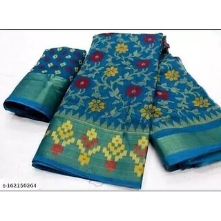 Sky Blue Colour Cotton Printed Saree With Blouse Piece - Sarees | Buy online on ZillyBuy
