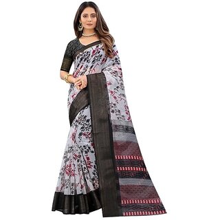 Black Flower Printed Cotton Silk Zari Border Saree With Blouse Piece - Sarees | Buy online on ZillyBuy