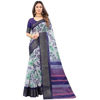 Blue Flower Printed Cotton Silk Zari Border Saree With Blouse Piece - Sarees | Buy online on ZillyBuy