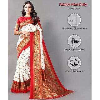 White and Red  Colour Art Silk Saree With Blouse Piece - Sarees | Buy online on ZillyBuy