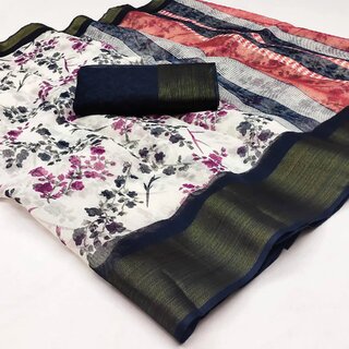 Black Flower Printed Cotton Silk Zari Border Saree With Blouse Piece - Sarees | Buy online on ZillyBuy