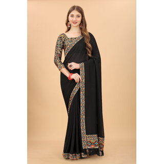 Black Colour Vichitra Silk Embroidried Saree With Jaquard Blouse Piece - Sarees | Buy online on ZillyBuy