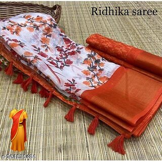 Orange Colour Flower Cotton Silk Saree With Blouse Piece - Sarees | Buy online on ZillyBuy