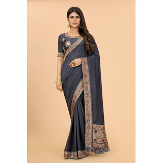 Grey  Colour Vichitra  Silk  Embroidried Saree With Jaquard Blouse Piece - Sarees | Buy online on ZillyBuy