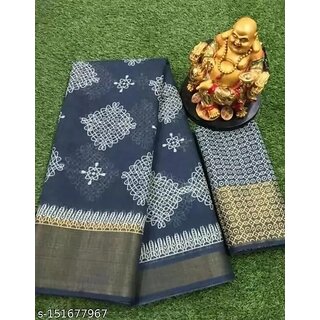 Grey Colour Cotton Printed saree With Blouse Piece - Sarees | Buy online on ZillyBuy