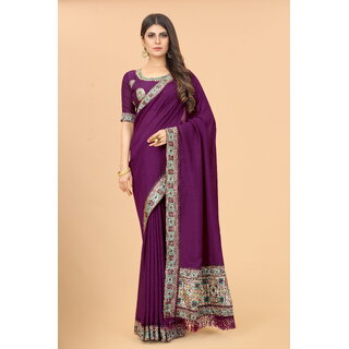 Purple Colour Vichitra  Silk  Embroidried  Saree With Jaquard Blouse Piece - Sarees | Buy online on ZillyBuy