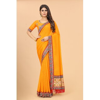 Yellow Colour Vichitra  Silk  Embroidried Saree With Jaquard Blouse Piece - Sarees | Buy online on ZillyBuy