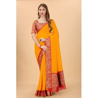 Yellow Colour Vichitra  Silk  Embroidried Saree With Jaquard Blouse Piece - Sarees | Buy online on ZillyBuy