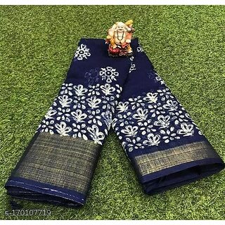 Blue Colour Cotton Printed saree With Blouse Piece - Sarees | Buy online on ZillyBuy