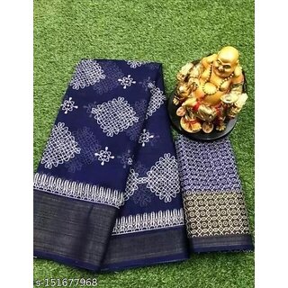 Blue Colour Cotton Printed saree With Blouse Piece - Sarees | Buy online on ZillyBuy