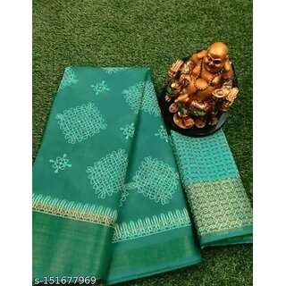 Green Colour Cotton Printed saree With Blouse Piece - Sarees | Buy online on ZillyBuy