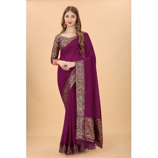 Purple Colour Vichitra  Silk  Embroidried Saree With Jaquard Blouse - Sarees | Buy online on ZillyBuy