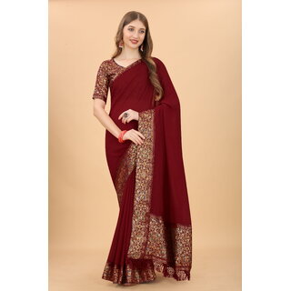 Maroon Colour Vichitra  Silk  Embroidried Saree With Jaquard Blouse - Sarees | Buy online on ZillyBuy