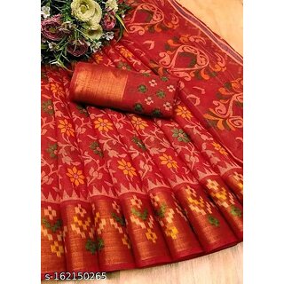 Red Colour Cotton Printed Saree With Blouse Piece - Sarees | Buy online on ZillyBuy