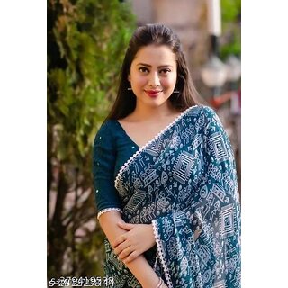 Green Colour Geomatric Print  Saree With Blouse Piece - Sarees | Buy online on ZillyBuy