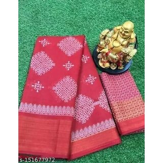 Red Colour Cotton Printed saree With Blouse Piece - Sarees | Buy online on ZillyBuy