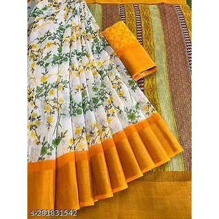 Yellow Colour Floral  Print Zari Border With Blouse Piece - Sarees | Buy online on ZillyBuy