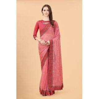 Light Red Colour Simar Silk Embroideried Saree With Lace - Sarees | Buy online on ZillyBuy