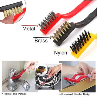 Mini Wire Brush Cleaning ,Stainless Steel Bristles, Gas Cleaning Brushes Iron Nylon Copper Wire Car Kitchen Set of 3 Pcs multicolor