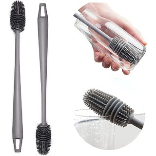 Long Bottle Cleaning Brush for Washing Water Bottle, Narrow Neck Containers, Flask, Bottle, Vase, Glassware (Pack of 2) silver