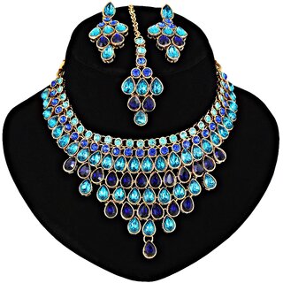 LUCKY JEWELLERY Designer Gold Plated Turquoise Blue Color Stone Necklace Set For Women  Girls (825-L1SS-837-FB)