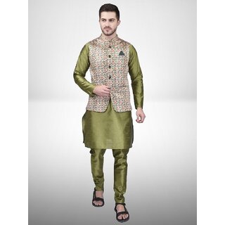 PrintCultr Men Silk Blend Green Kurta Pyjama Ethnic Jacket Set - Ethnic Wear | Buy online on ZillyBuy