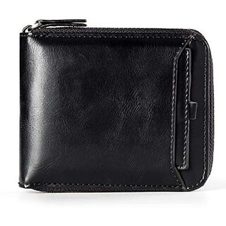 Fashlook Zipper Fold Artificial Leather Black Wallet with 6 Card Slots
