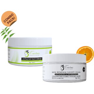cocobee anti acne face cream 50g skin renewal night cream 50g combo hydrating rejuvenating