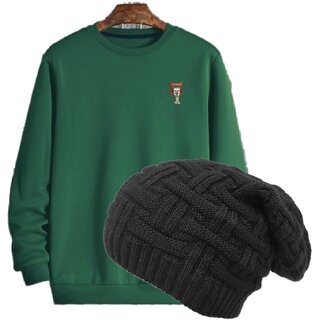(Combo of 2) Fashlook Solid Round Neck Wool Blend Casual Green Full Sleeve T-Shirt For Mens and Fashlook Woolen Black Casual Winter Cap